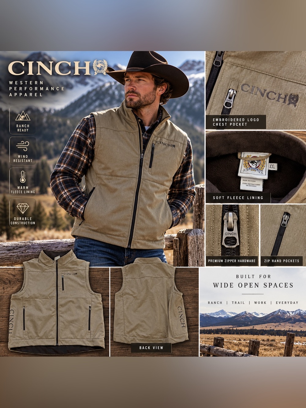 Cinch Men's Tan Conceal Carry Bonded Vest Brown XXL